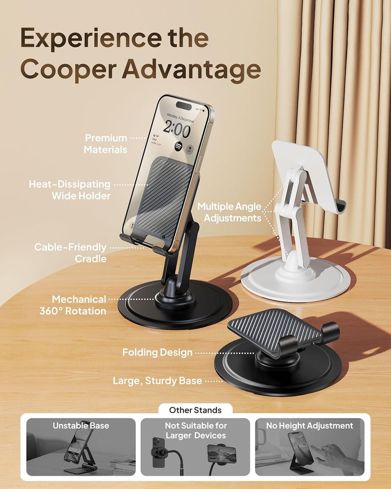 cooper 360° Stand, [Gift Family Pack], Rotating Cell Phone Stand for Desk, Cell Phone Holder for Desk, iPhone Stand Holder, Sturdy Metal Base, Fits Samsung, Android Smartphones, (Cream White, 2-Pack) - Image 5